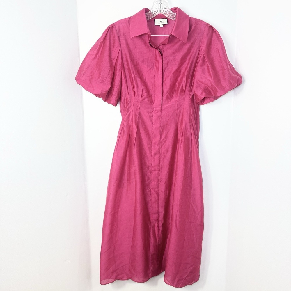 TUCKERNUCK Raspberry Organza Delaney Midi Dress Size XS Puff Sleeves Tailored - Picture 2 of 16